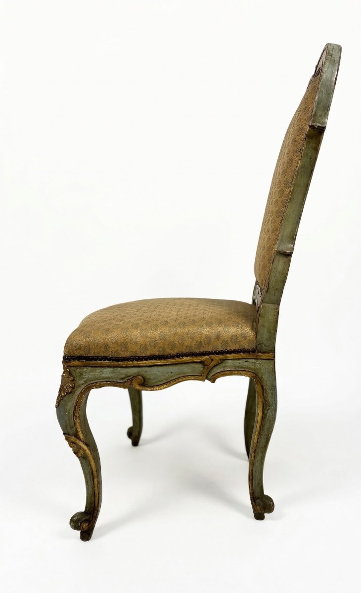 Set di nove sedie in legno laccato verde con profili dorati, XVIII secolo-photo-1