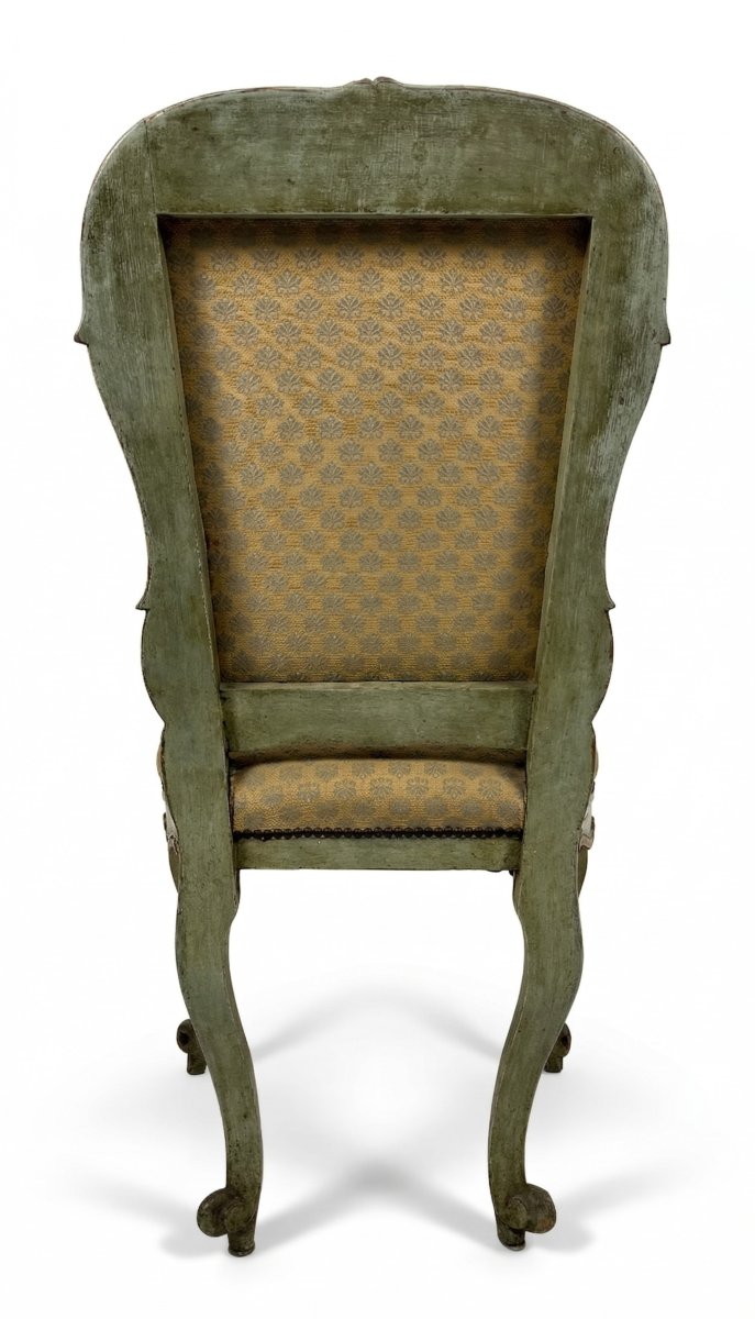 Set di nove sedie in legno laccato verde con profili dorati, XVIII secolo-photo-2