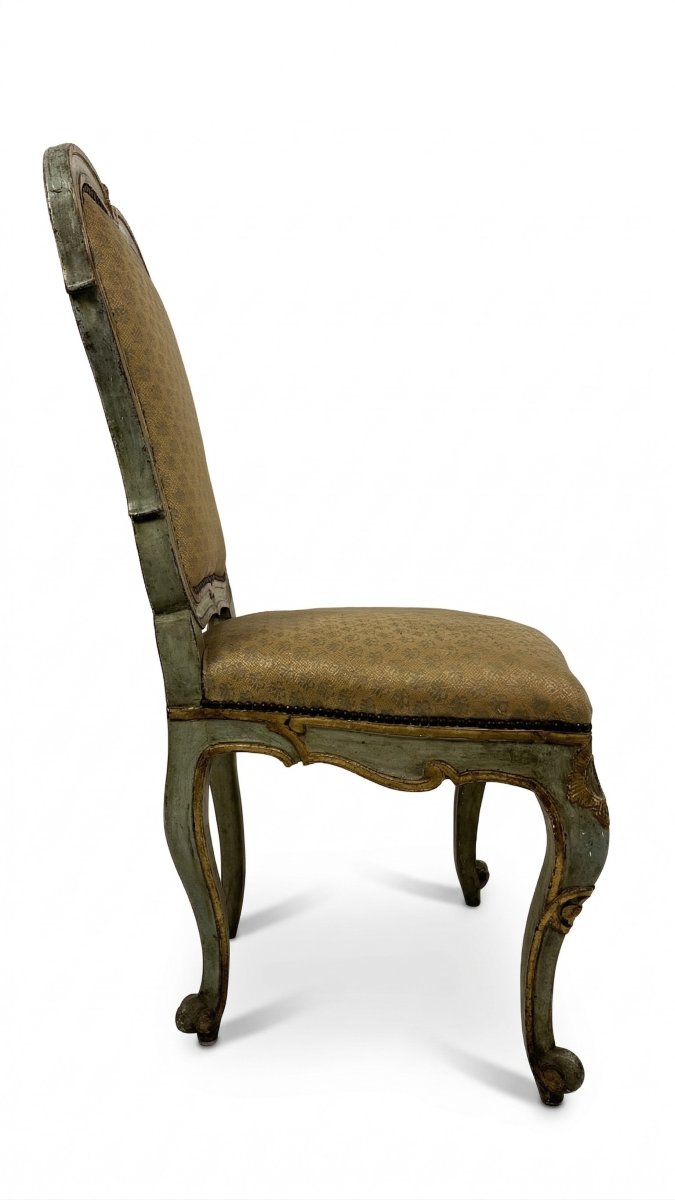 Set di nove sedie in legno laccato verde con profili dorati, XVIII secolo-photo-3