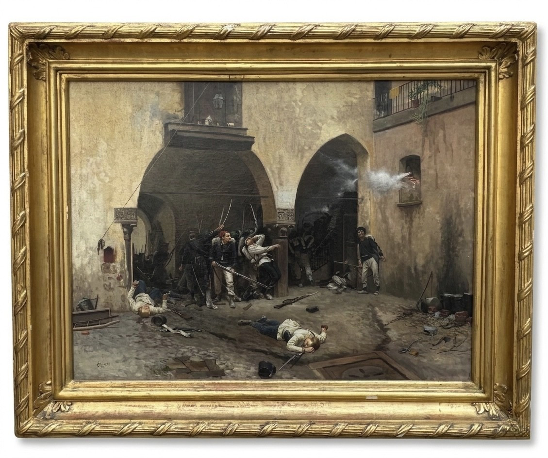 Camillo Corti (attivo nella seconda metà del XIX secolo) Agguato di soldati in un cortile