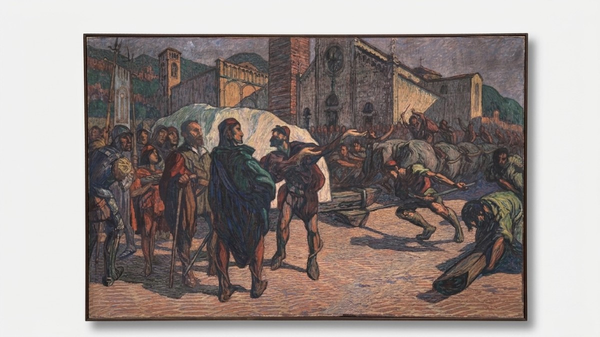 Federico Sartori (Milano, 1865 - 1938)  Michelangelo in piazza del Duomo a Pietrasanta, 1926