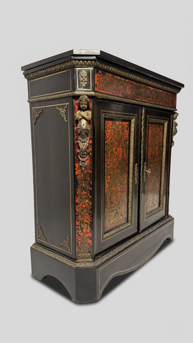Credenza intarsiata in tartaruga e ottone alla boulle e legno ebanizzato, fine del XIX secolo-photo-3