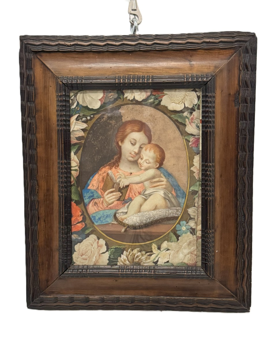 Anonimo del XVIII secolo, "Madonna con il Bambino in ghirlanda floreale"