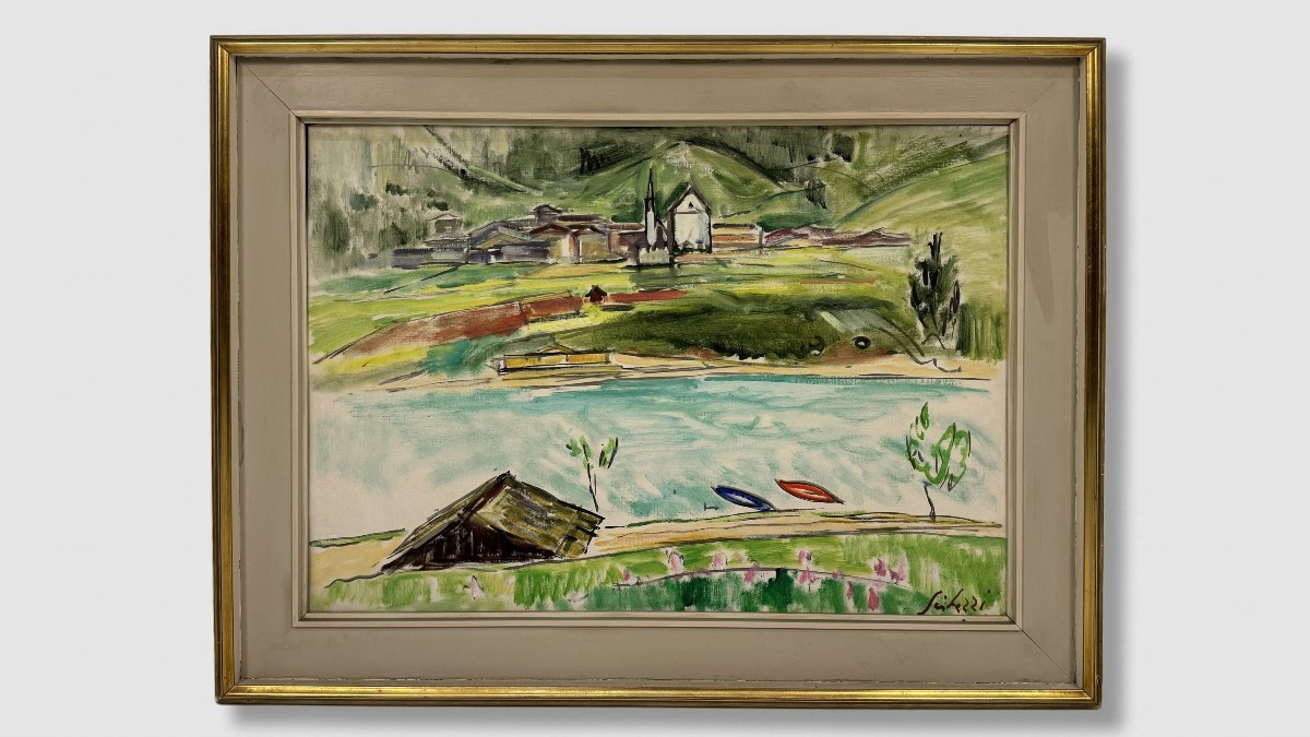 Seibezzi Fioravante  Paesaggio con torrente e villaggio
