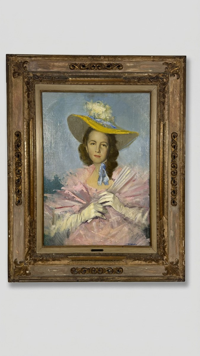 Adriano Gajoni, (Milano, 1913 - Milano, 1965) Ritratto di signora con cappello e ventaglio,