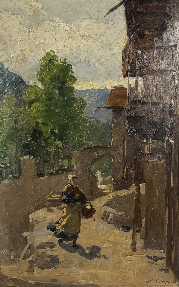 Antonio Oberto (Baselica Bologna 1872 - Pavia 1954) Scorcio di paese con contadina-photo-4