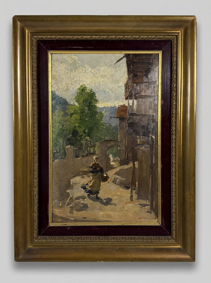 Antonio Oberto (Baselica Bologna 1872 - Pavia 1954) Scorcio di paese con contadina