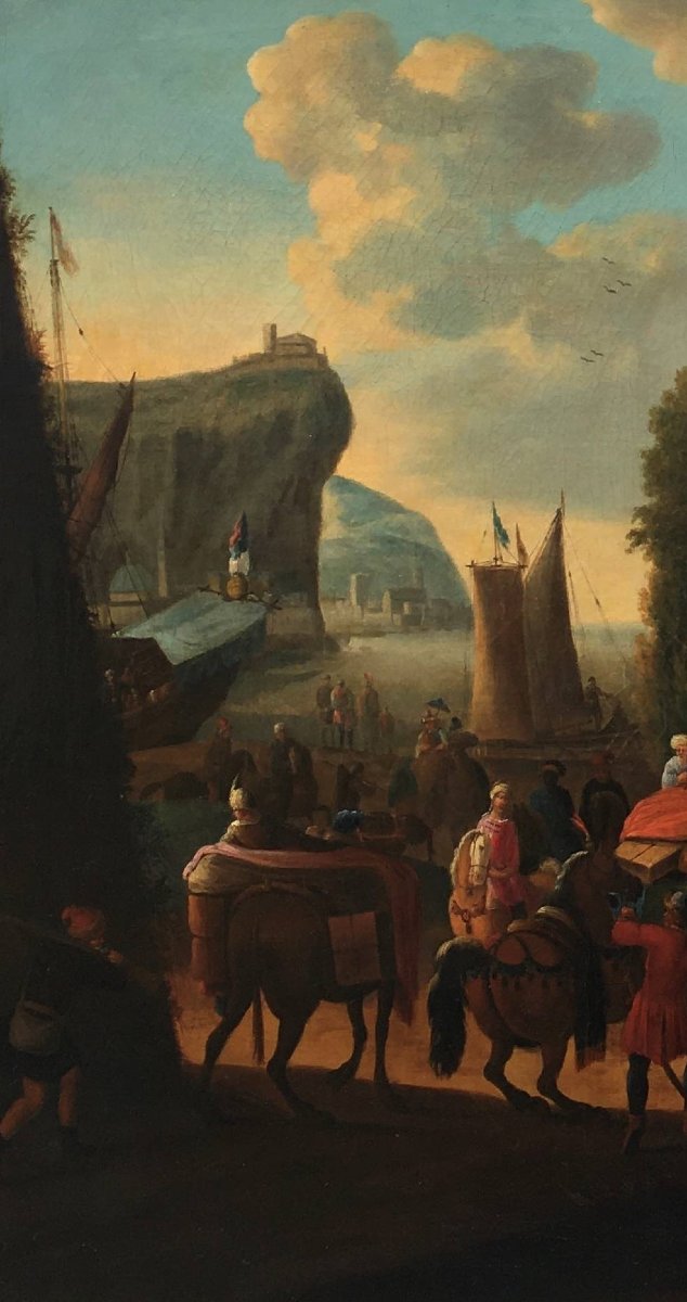 Anonimo fiammingo del XVIII secolo, "Veduta di porto con obelisco"-photo-2
