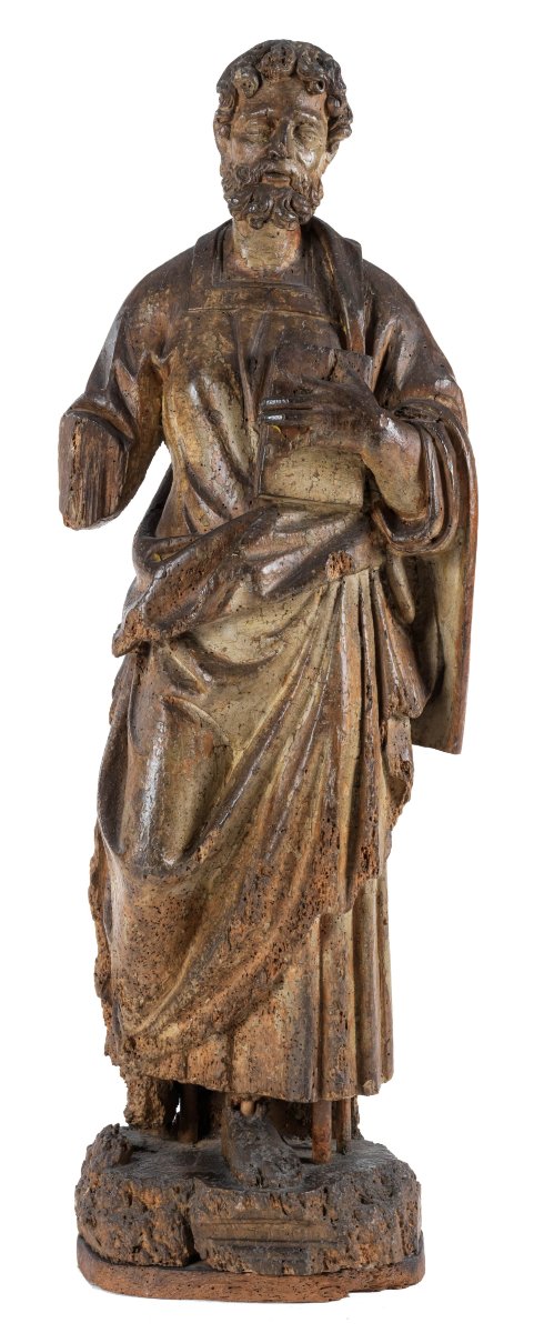Scultore del XVII secolo, scultura lignea raffigurante"Santo con Bibbia"