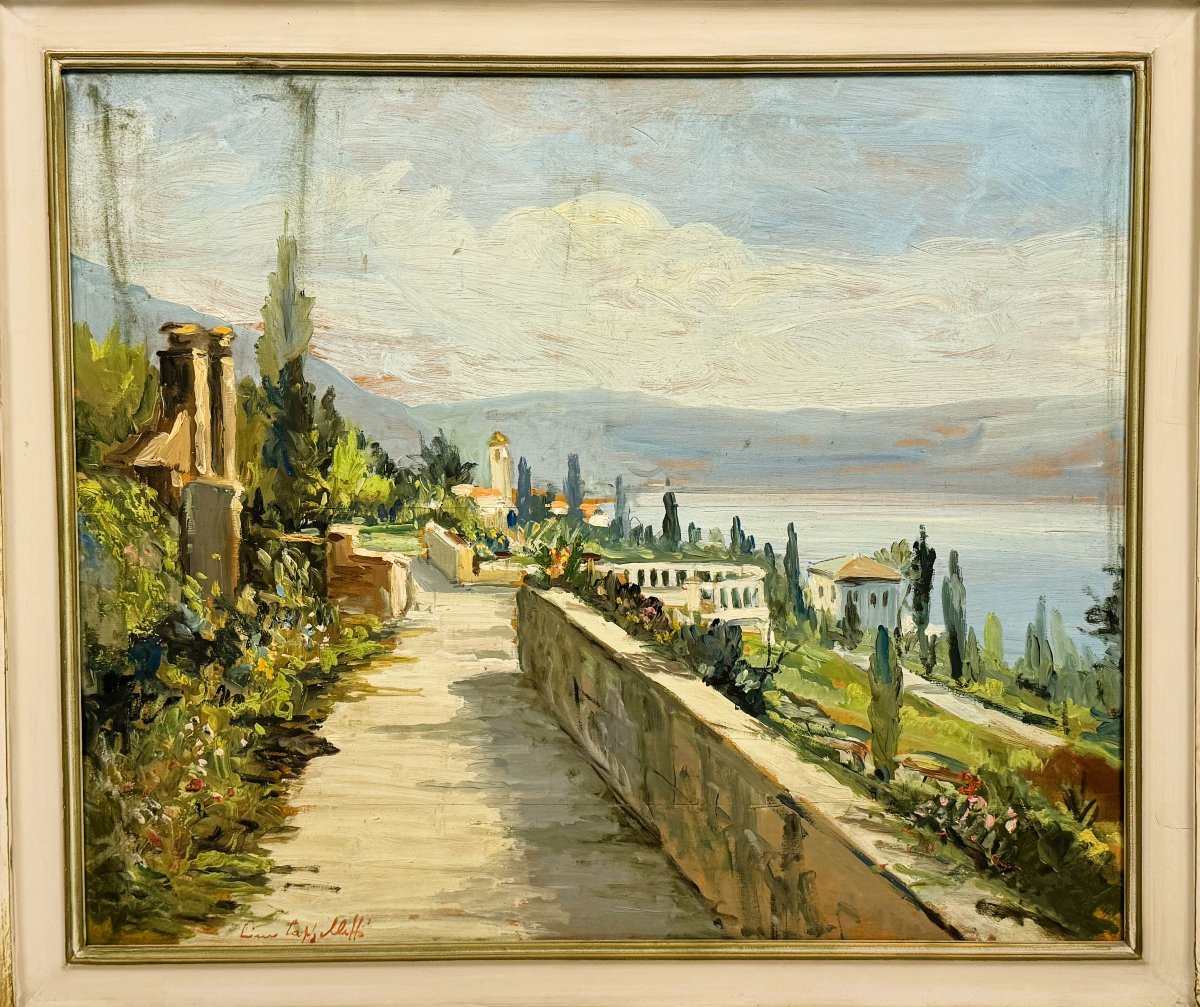 Lino Cappelletti ,  "Veduta di lago con giardini"