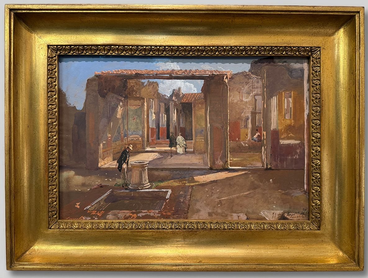 GIACINTO GIGANTE , Visita agli scavi di Pompei. Casa della Caccia Antica, 1861 