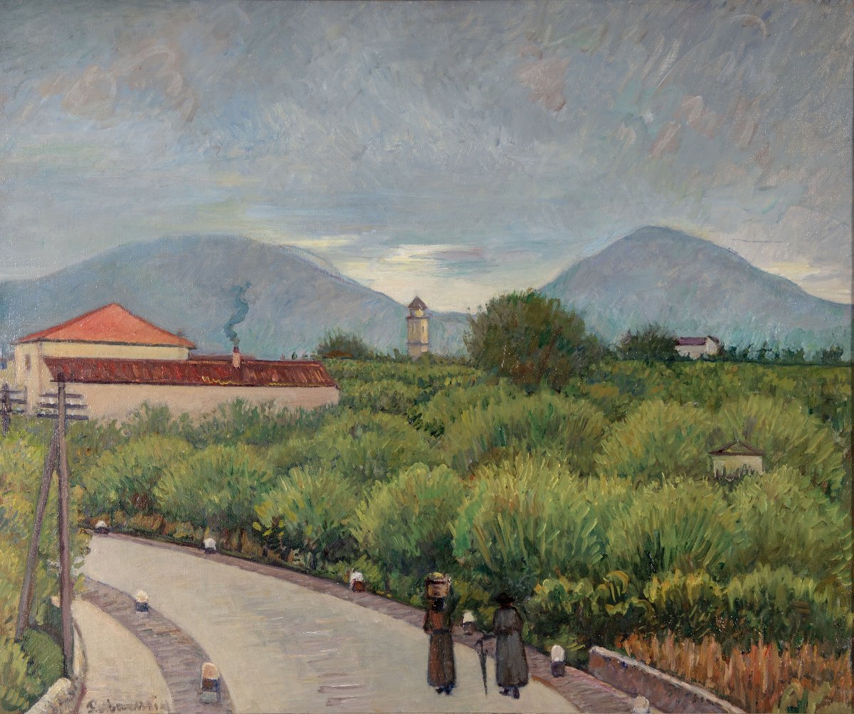 PIERO MARUSSIG, Paesaggio collinare con strada e due figure, anni '30-photo-2