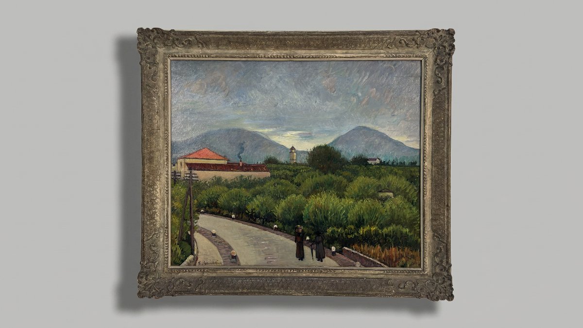 PIERO MARUSSIG, Paesaggio collinare con strada e due figure, anni '30