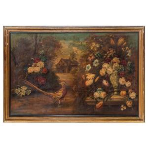 Anonimo dell'inizio del XX secolo, "Natura morta con vaso di fiori, un fagiano e cascinale sullo sfondo"