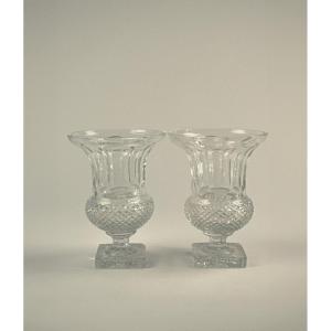 Coppia di vasi a balaustro in cristallo trasparente incolore, XX secolo