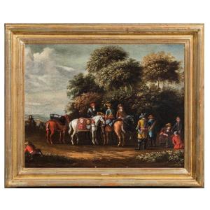 Cavalieri e cavalli in sosta, artista anonimo del XVIII secolo
