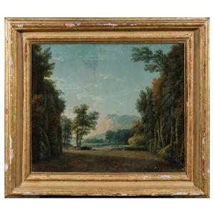 Scorcio montano con paesaggio boschivo pittore anonimo del XIX secolo