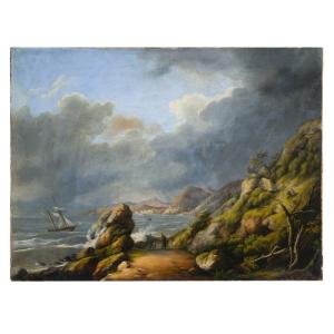 Scuola francese del XIX secolo "Marina con veliero e figure"