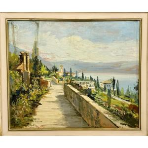 Lino Cappelletti (1933-1996)  "Veduta di lago con giardini"