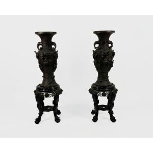 Pair Of Large Burnished Bronze Vases, Japan, 20th Century