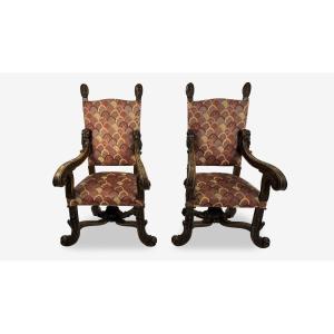 Pair Of Large Armchairs, Walnut, 20th Century, In The Brustolon Style