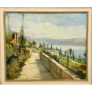 Lino Cappelletti ,  "Veduta di lago con giardini"