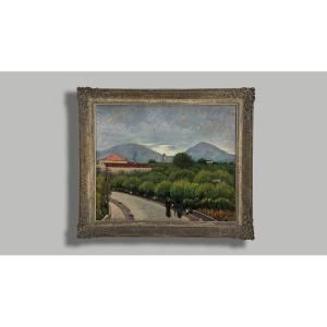 PIERO MARUSSIG, Paesaggio collinare con strada e due figure, anni '30