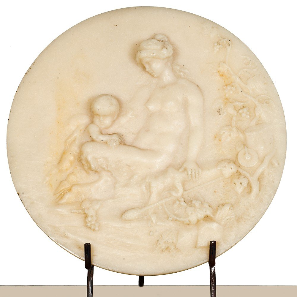 Coppia di Tondi in marmo di alabastro raffiguranti scene mitologiche-photo-2