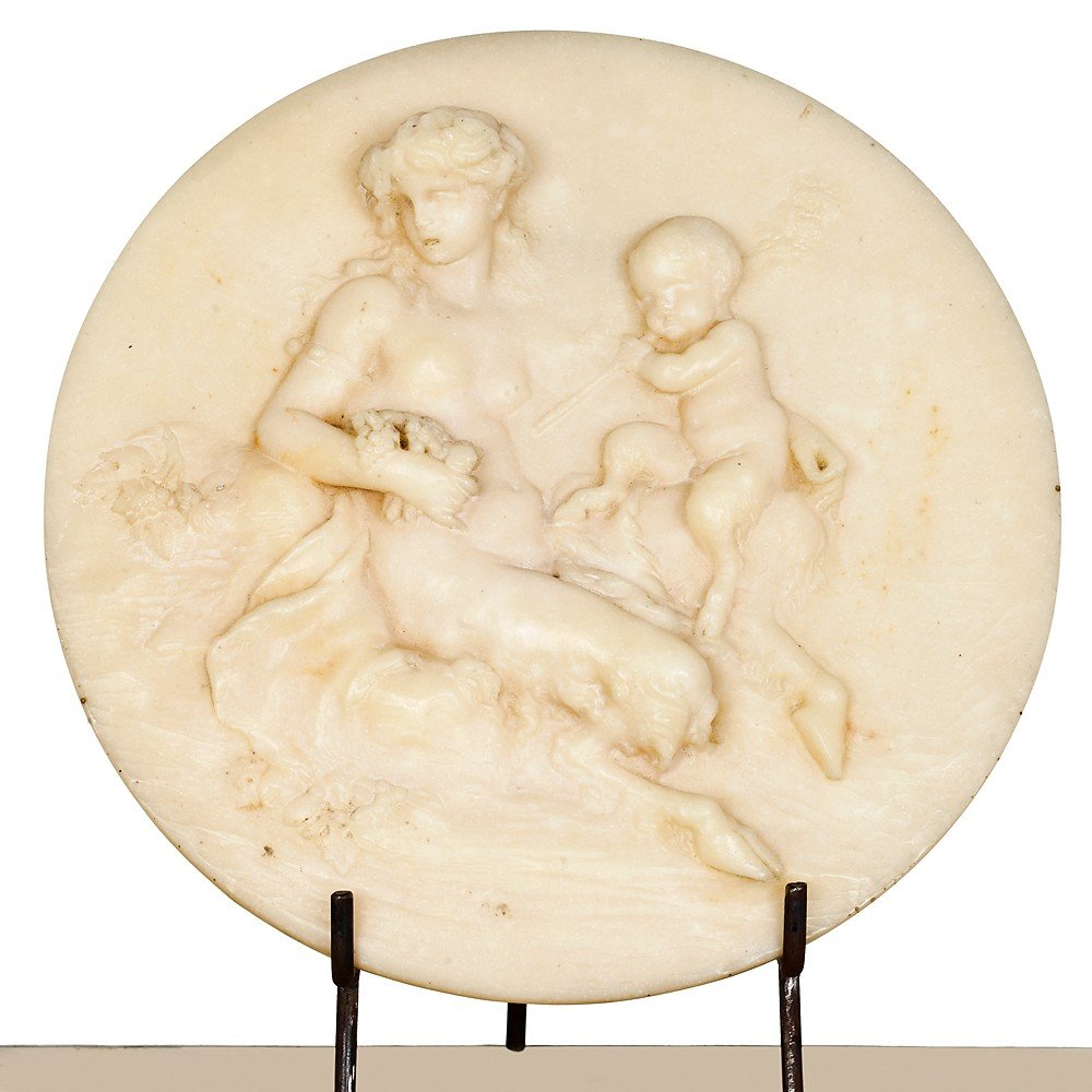Coppia di Tondi in marmo di alabastro raffiguranti scene mitologiche-photo-3