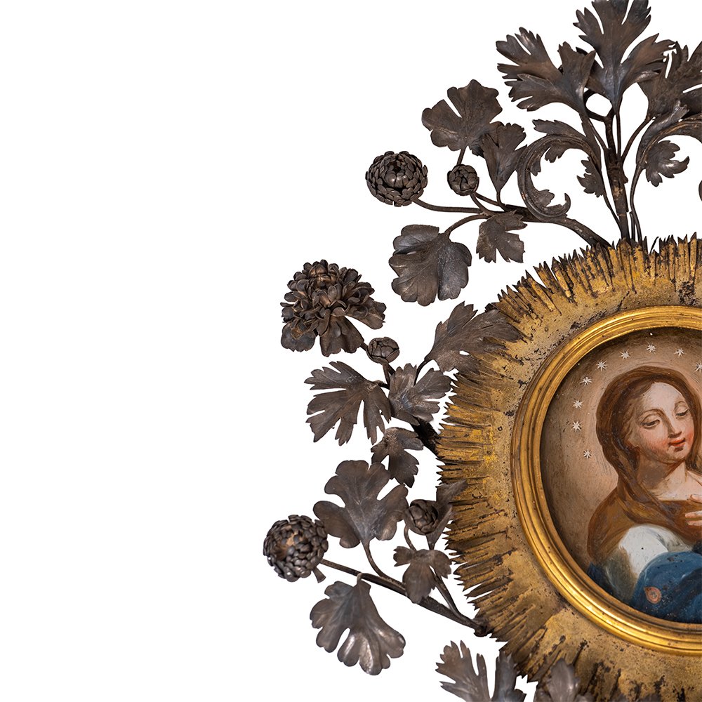 Dipinto su vetro raffigurante la Vergine Maria - Cornice in argento-photo-4