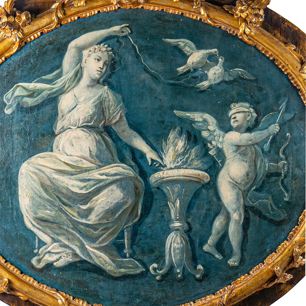 Grisaglia allegorica in cornice ovale intagliata e dorata-photo-2