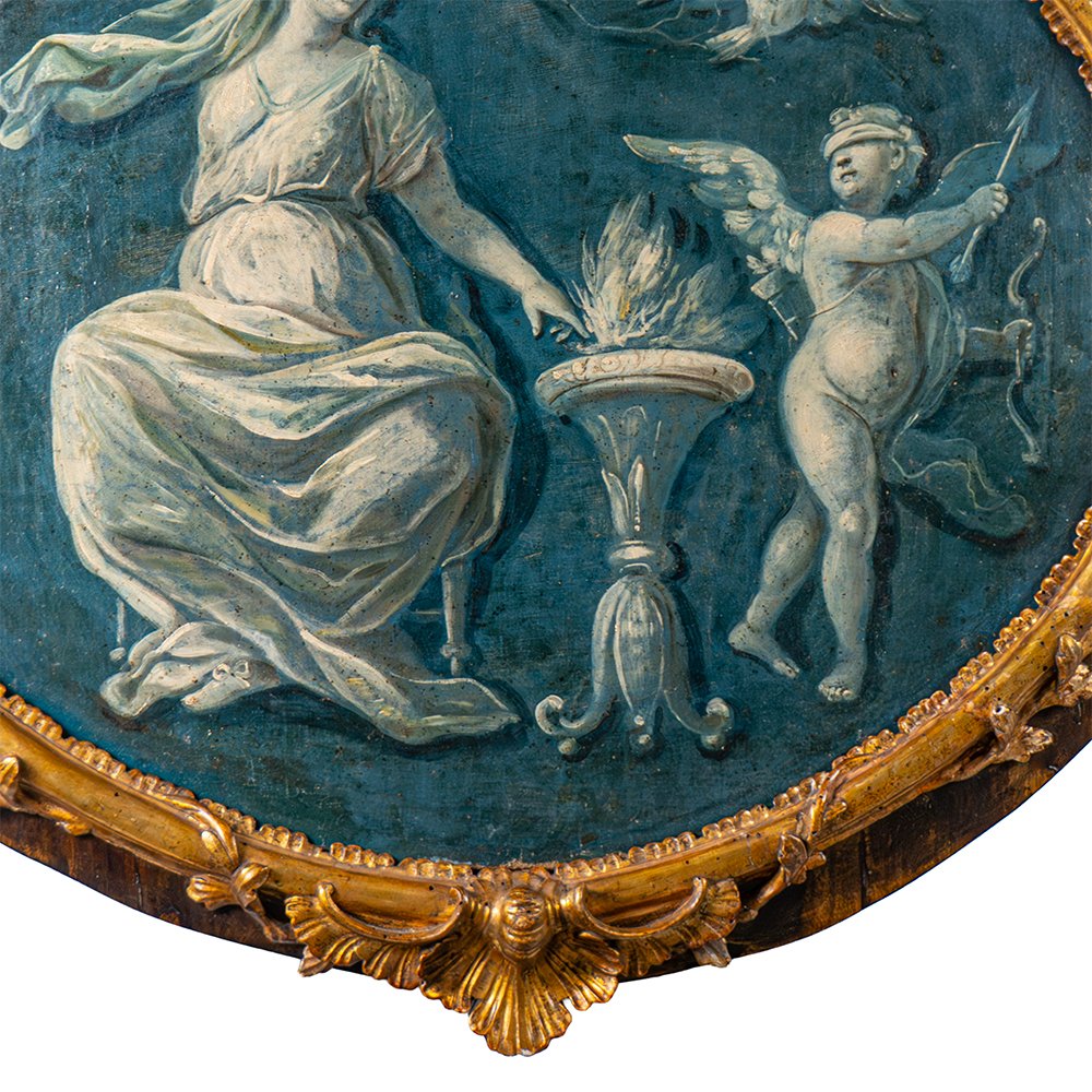 Grisaglia allegorica in cornice ovale intagliata e dorata-photo-5