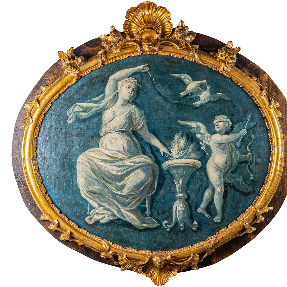 Grisaglia allegorica in cornice ovale intagliata e dorata-photo-6