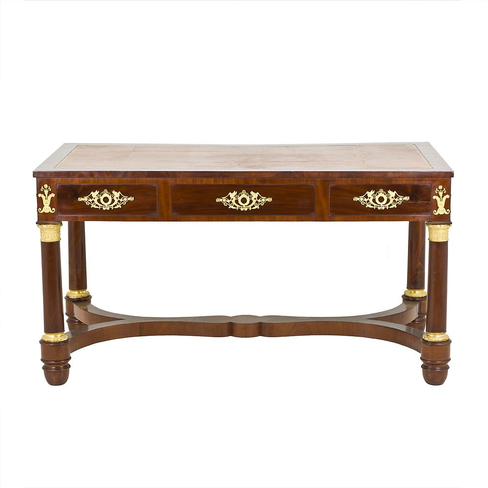 Scrivania intarsiata a marchetteria con applicazioni in bronzo dorato-photo-1