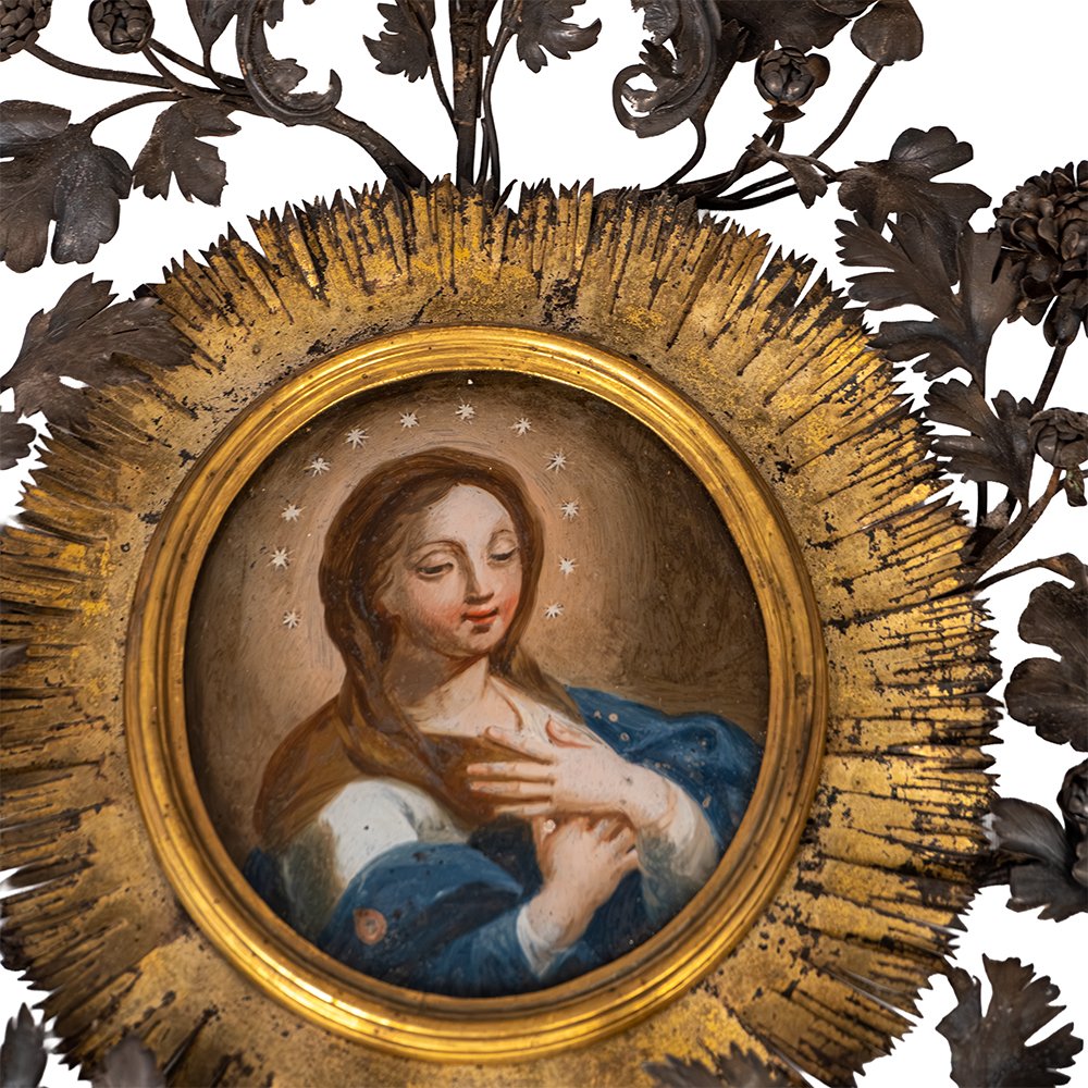 Dipinto su vetro raffigurante la Vergine Maria - Cornice in argento-photo-3