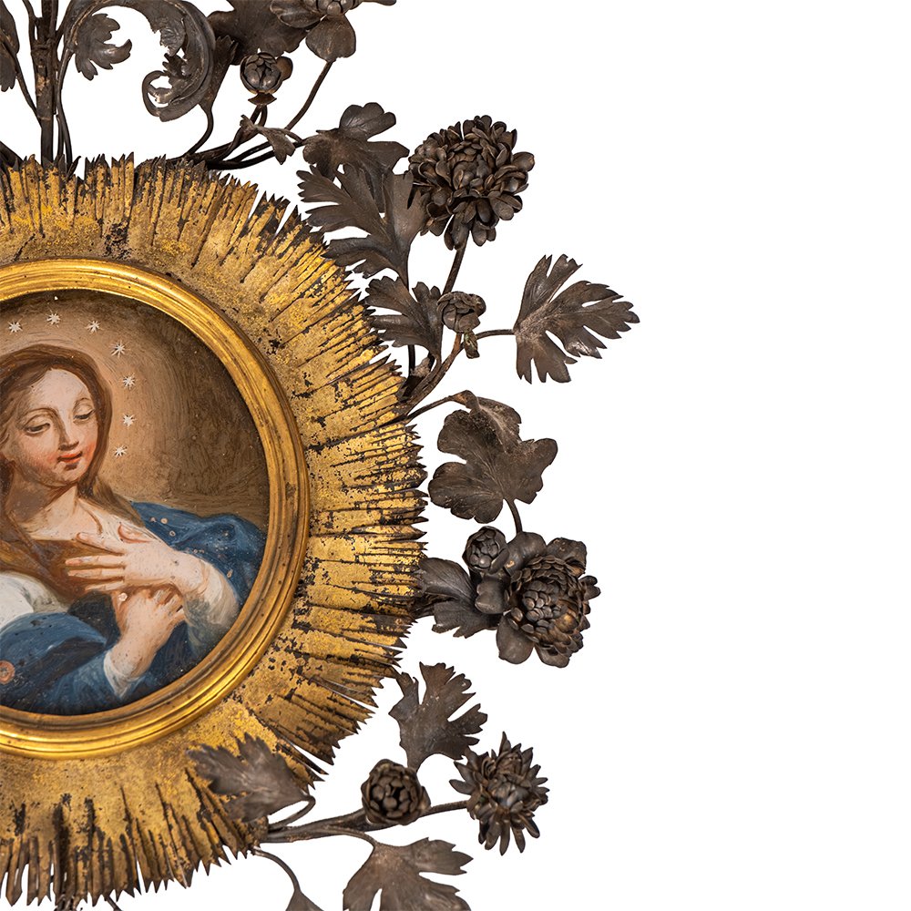 Dipinto su vetro raffigurante la Vergine Maria - Cornice in argento-photo-4