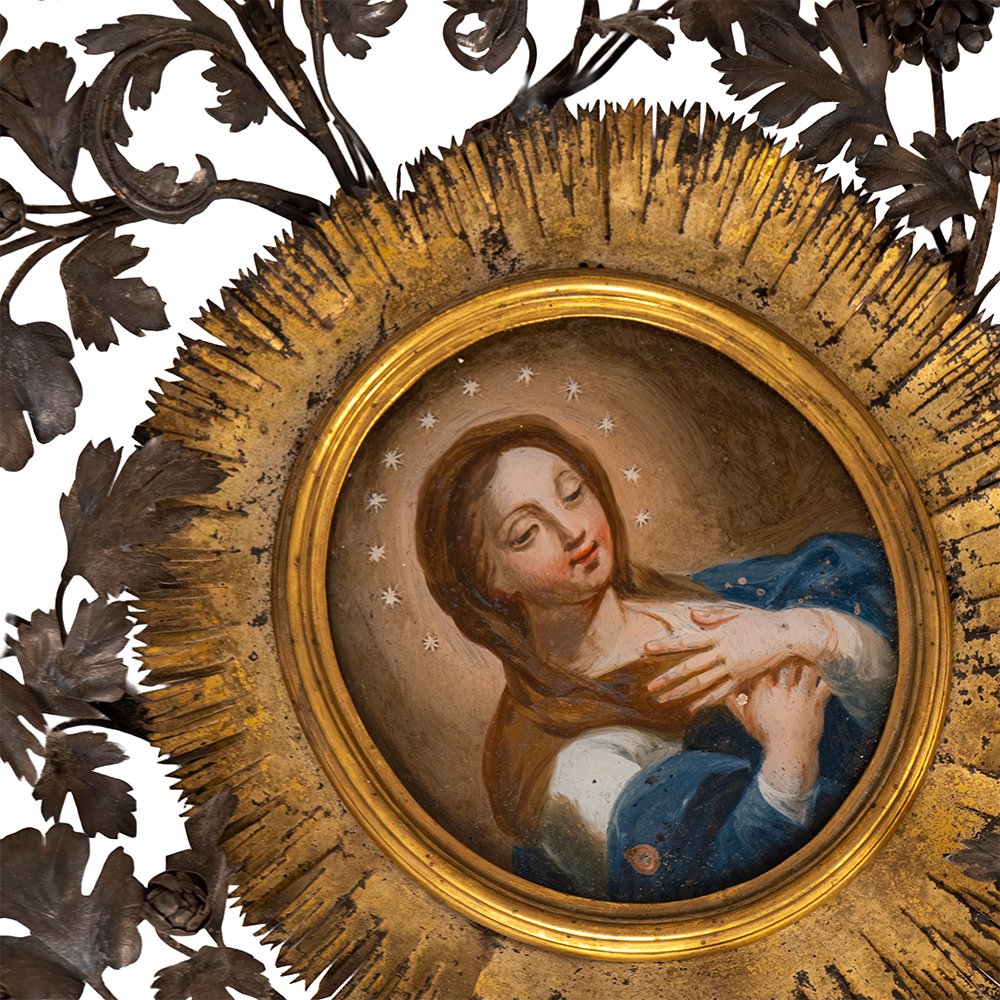 Dipinto su vetro raffigurante la Vergine Maria - Cornice in argento-photo-1