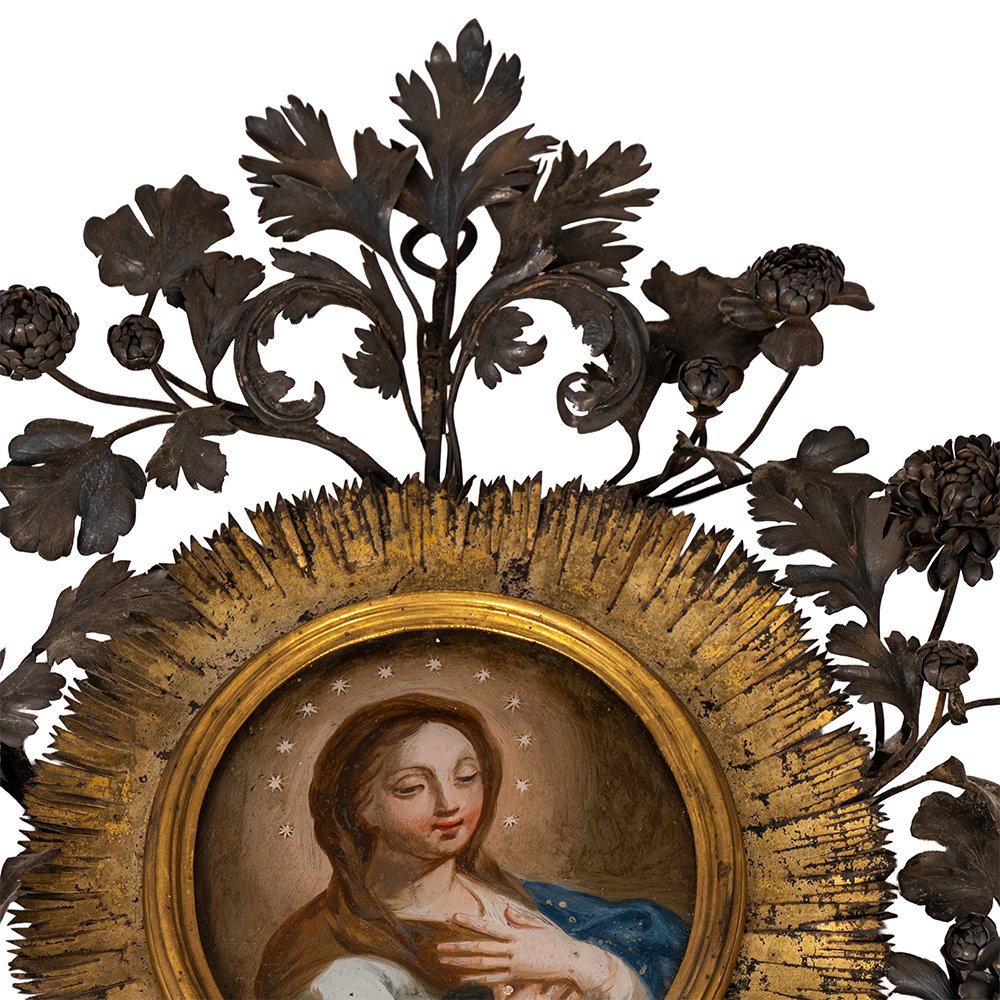 Dipinto su vetro raffigurante la Vergine Maria - Cornice in argento-photo-5