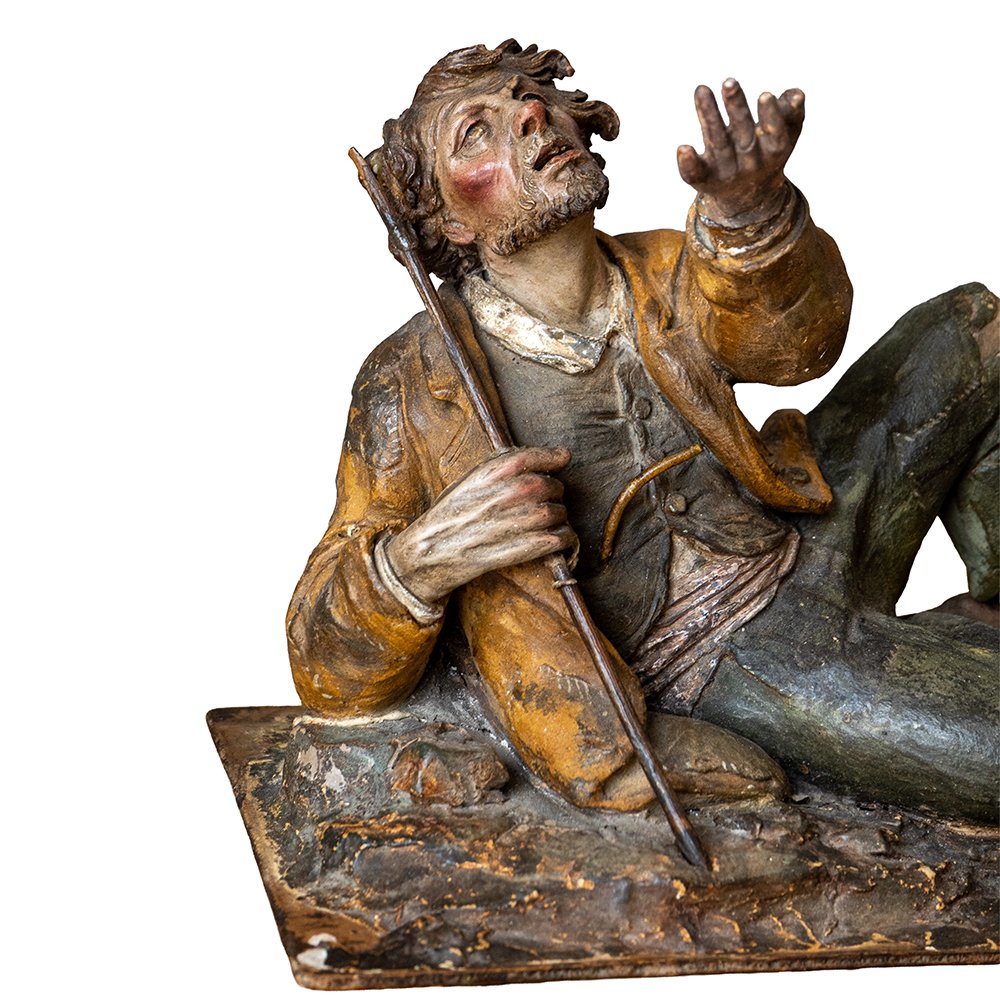 Statuetta raffigurante Mendicante – Terracotta policroma del XVIII secolo, firmata “C.P.”  Preg-photo-2