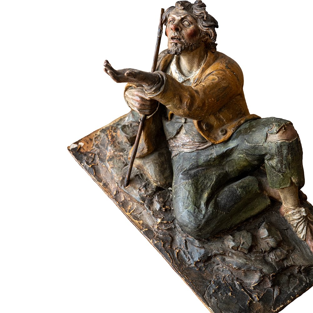 Statuetta raffigurante Mendicante – Terracotta policroma del XVIII secolo, firmata “C.P.”  Preg-photo-3