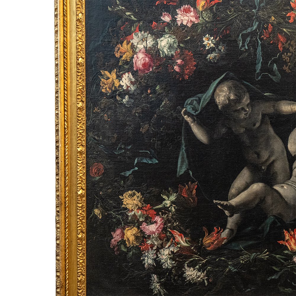 Dipinto raffigurante composizione floreale con due putti sotto un drappo – Giuseppe Volò detto -photo-3