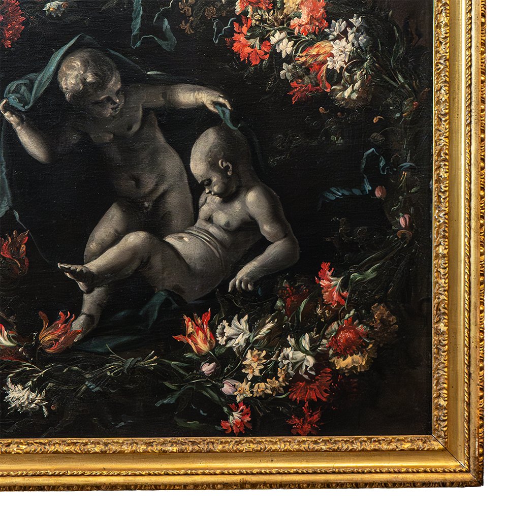 Dipinto raffigurante composizione floreale con due putti sotto un drappo – Giuseppe Volò detto -photo-4