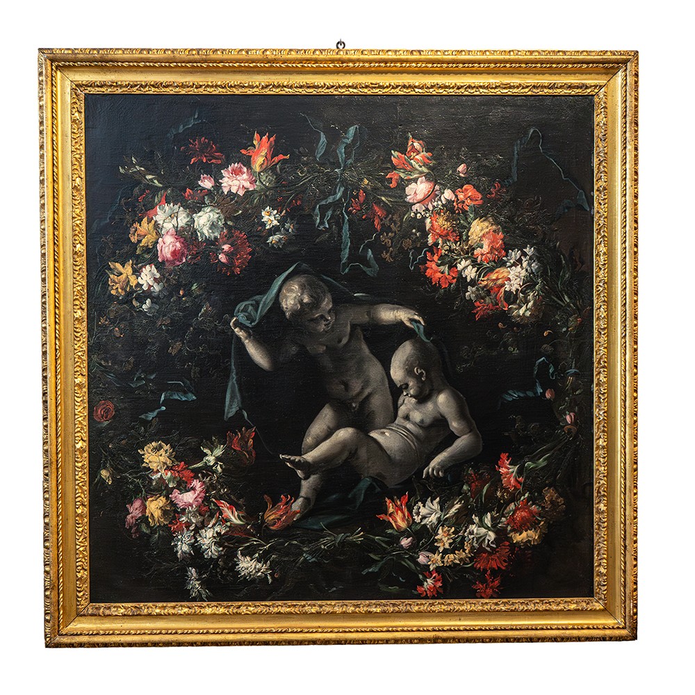 Dipinto raffigurante composizione floreale con due putti sotto un drappo – Giuseppe Volò detto 