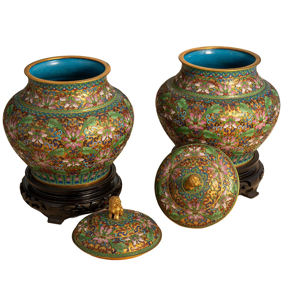 Coppia di Vasi in cloisonné e bronzo dorato-photo-3