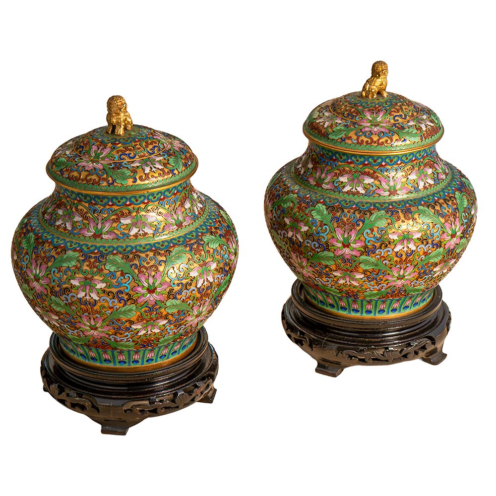 Coppia di Vasi in cloisonné e bronzo dorato-photo-4