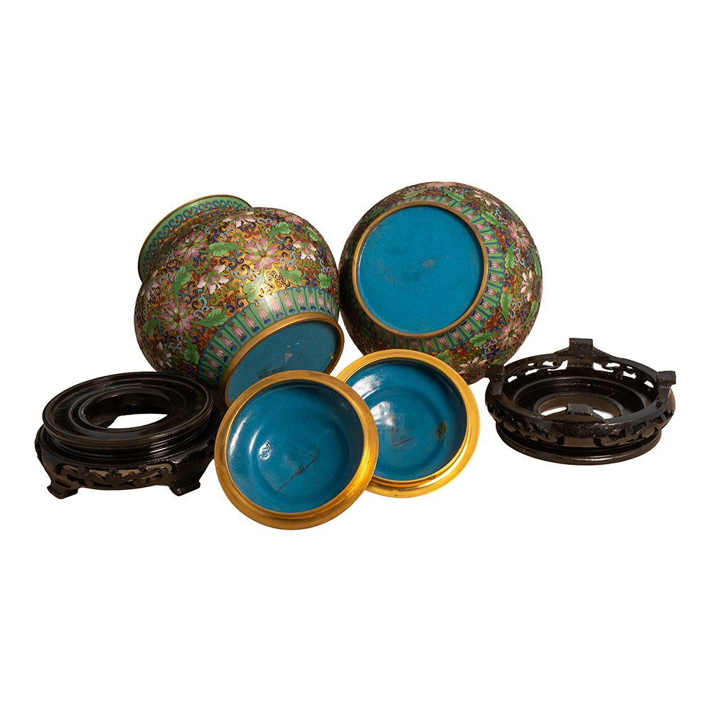 Coppia di Vasi in cloisonné e bronzo dorato-photo-2