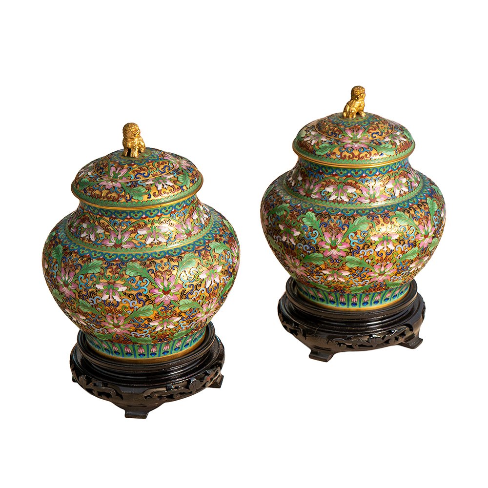 Coppia di Vasi in cloisonné e bronzo dorato