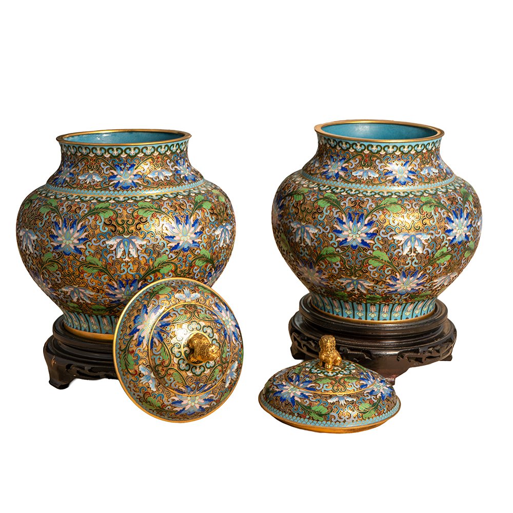 Coppia di Vasetti in cloisonné e bronzo dorato-photo-2