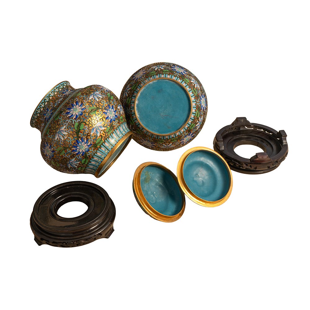 Coppia di Vasetti in cloisonné e bronzo dorato-photo-4