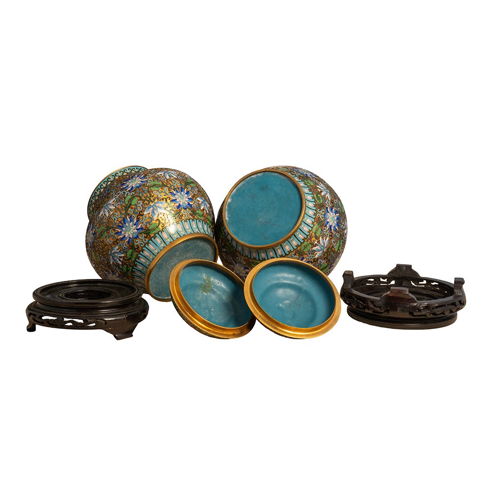 Coppia di Vasetti in cloisonné e bronzo dorato-photo-5
